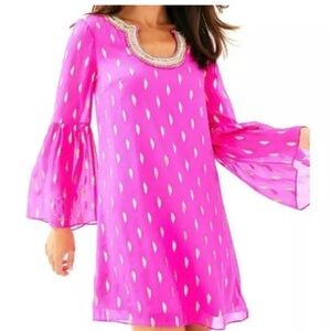 Lilly Pulitzer Amory Silk Dress Raz Berry Metallic Size 4 Pink